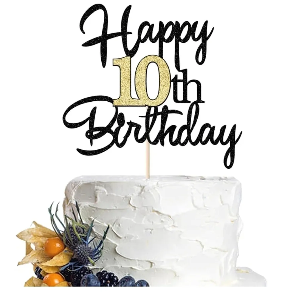 Black and Gold Happy 10th Birthday Cake Topper Lot Of 2 Packs